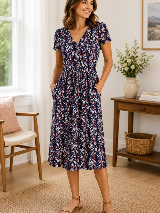 Boden Dresses & Skirts - Boden Amelie Bird Floral Jersey Midi Dress Navy Pink Size 10R